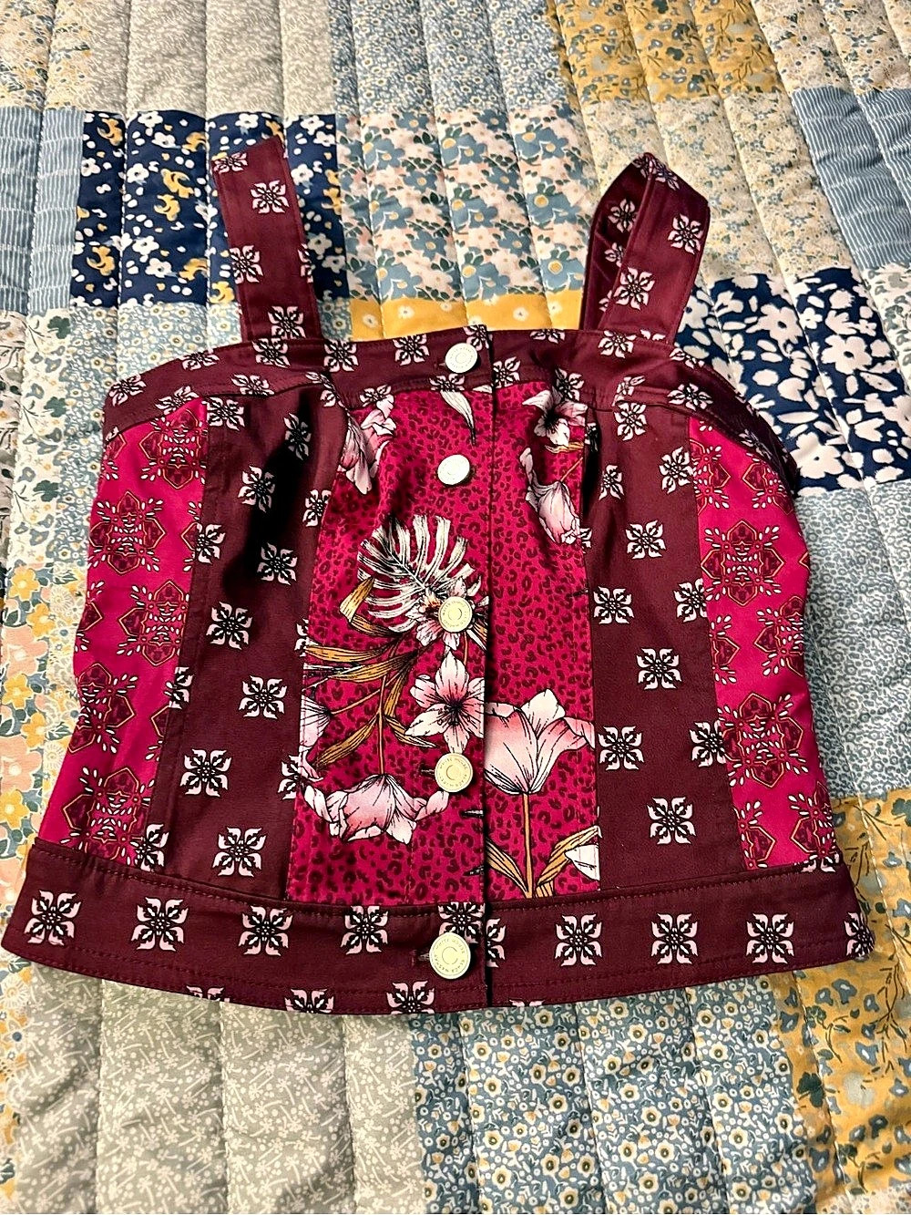 White House Black Market Mixed Print Bodice Top Burgundy & Pink